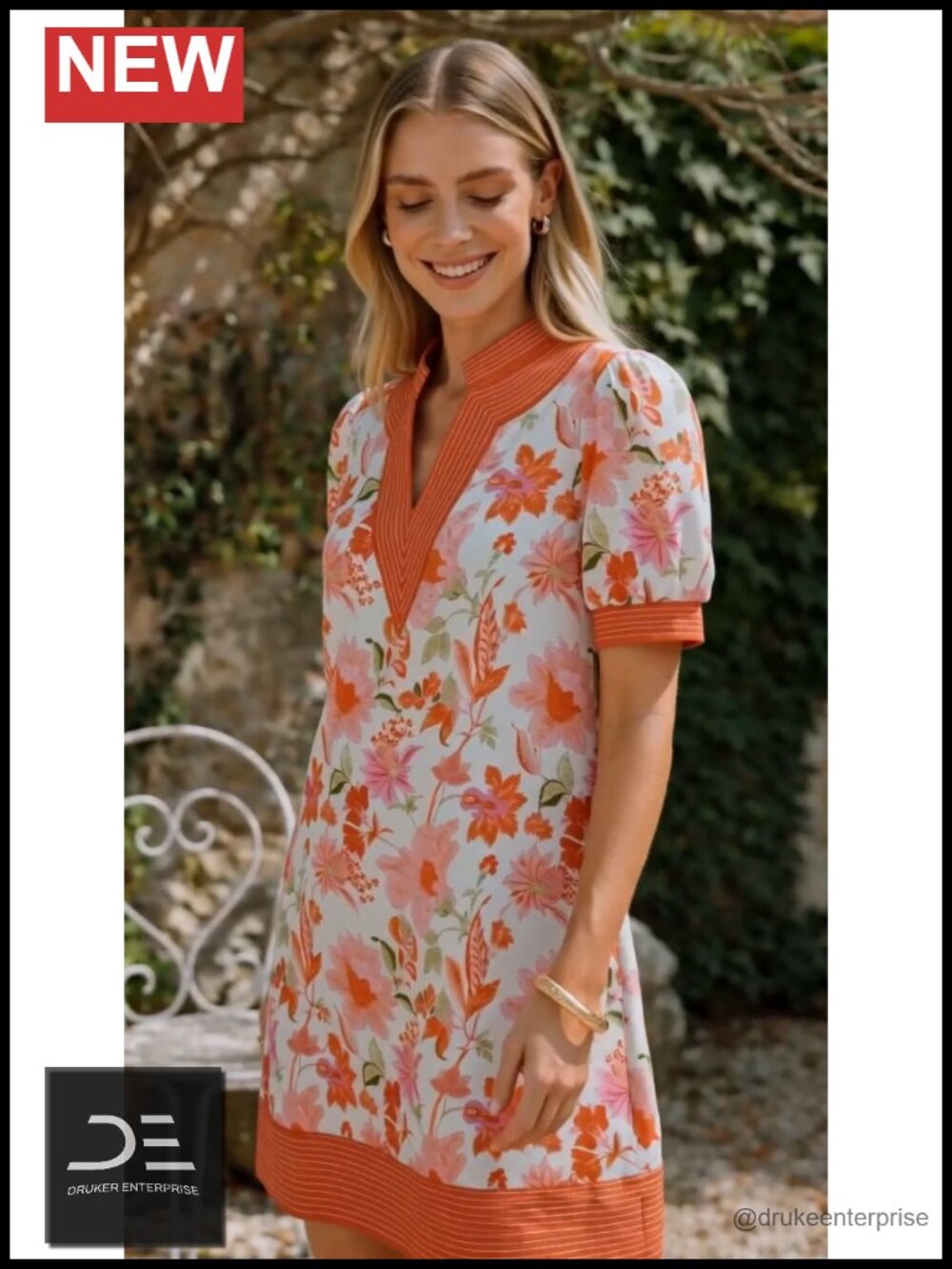 Womens Summer V Neck Puff Short Sleeve Boho Mini Shift Dress with Pockets - Picture 6 of 6